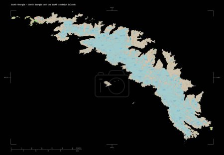 Foto de Forma de un topográfico, OSM mapa de estilo estándar de la Georgia del Sur Georgia del Sur y las Islas Sandwich del Sur, con escala de distancia y coordenadas de frontera mapa, aislado en negro - Imagen libre de derechos