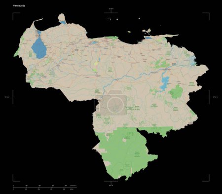 Photo for Shape of a topographic, OSM standard style map of the Venezuela, with distance scale and map border coordinates, isolated on black - Royalty Free Image