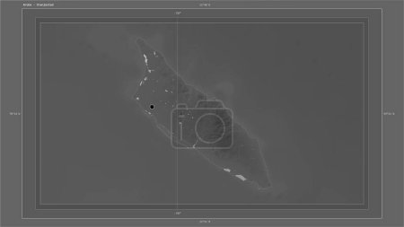 Photo for Aruba highlighted on a Grayscale elevation map with lakes and rivers map with the country's capital point, cartographic grid, distance scale and map border coordinates - Royalty Free Image