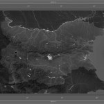Bulgaria highlighted on a Grayscale elevation map with lakes and rivers map with the country's capital point, cartographic grid, distance scale and map border coordinates