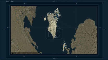 Photo for Bahrain highlighted on a high resolution satellite map map with the country's capital point, cartographic grid, distance scale and map border coordinates - Royalty Free Image