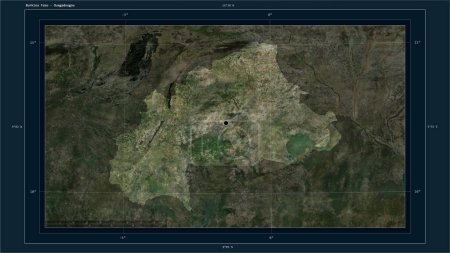Burkina Faso mis en évidence sur une carte satellite haute résolution avec le point de la capitale du pays, grille cartographique, échelle de distance et coordonnées de la frontière carte