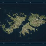 Falkland Islands highlighted on a high resolution satellite map map with the country's capital point, cartographic grid, distance scale and map border coordinates