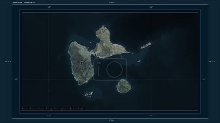 Téléchargez les photos : Guadeloupe mise en évidence sur une carte satellite à haute résolution avec le point capitale du pays, la grille cartographique, l'échelle de distance et les coordonnées de la frontière cartographique - en image libre de droit