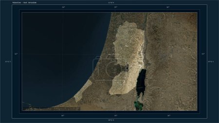 Téléchargez les photos : Palestine mise en évidence sur une carte satellite à haute résolution avec le point capitale du pays, la grille cartographique, l'échelle de distance et les coordonnées de la frontière de la carte - en image libre de droit