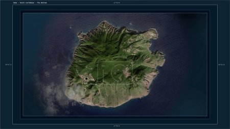 Téléchargez les photos : Saba - Caraïbes néerlandaises surlignées sur une carte satellite à haute résolution avec le point de la capitale du pays, la grille cartographique, l'échelle de distance et les coordonnées de la frontière cartographique - en image libre de droit