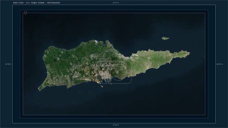 Téléchargez les photos : Sainte-Croix - Îles Vierges américaines surlignées sur une carte satellite à haute résolution avec le point capitale du pays, la grille cartographique, l'échelle de distance et les coordonnées de la frontière cartographique - en image libre de droit