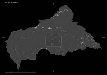 Téléchargez les photos : Forme d'une carte d'altitude de Bilevel avec lacs et rivières de la République centrafricaine, avec échelle de distance et coordonnées de frontière de carte, isolé sur noir - en image libre de droit