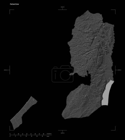 Téléchargez les photos : Forme d'une carte d'altitude de Bilevel avec lacs et rivières de la Palestine, avec échelle de distance et coordonnées de frontière de carte, isolé sur noir - en image libre de droit