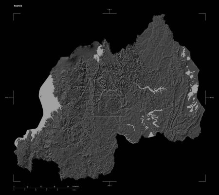 Téléchargez les photos : Forme d'une carte d'altitude de Bilevel avec lacs et rivières du Rwanda, avec échelle de distance et coordonnées de frontière de carte, isolé sur noir - en image libre de droit