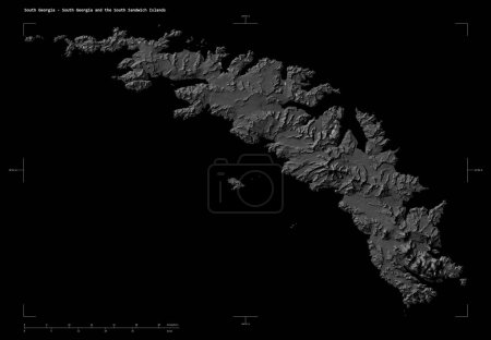 Foto de Forma de un mapa de elevación de Bilevel con lagos y ríos de Georgia del Sur - Georgia del Sur y las Islas Sandwich del Sur, con escala de distancia y coordenadas de frontera de mapa, aislado en negro - Imagen libre de derechos