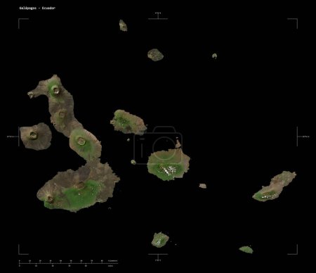 Foto de Forma de un mapa satelital de baja resolución de las Galápagos - Ecuador, con coordenadas de frontera de escala y mapa de distancia, aislado en negro - Imagen libre de derechos
