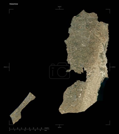 Téléchargez les photos : Forme d'une carte satellite à basse résolution de la Palestine, avec échelle de distance et coordonnées de frontière de carte, isolé sur noir - en image libre de droit