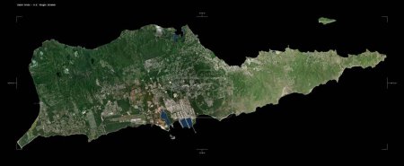 Téléchargez les photos : Forme d'une carte satellite à basse résolution de Sainte Croix - Îles Vierges américaines, avec échelle de distance et coordonnées de la frontière de la carte, isolée sur noir - en image libre de droit