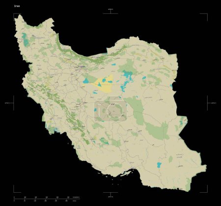 Photo for Shape of a topographic, OSM Humanitarian style map of the Iran, with distance scale and map border coordinates, isolated on black - Royalty Free Image