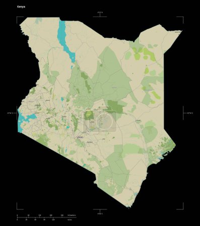 Photo for Shape of a topographic, OSM Humanitarian style map of the Kenya, with distance scale and map border coordinates, isolated on black - Royalty Free Image