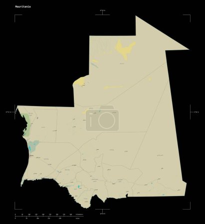 Photo for Shape of a topographic, OSM Humanitarian style map of the Mauritania, with distance scale and map border coordinates, isolated on black - Royalty Free Image