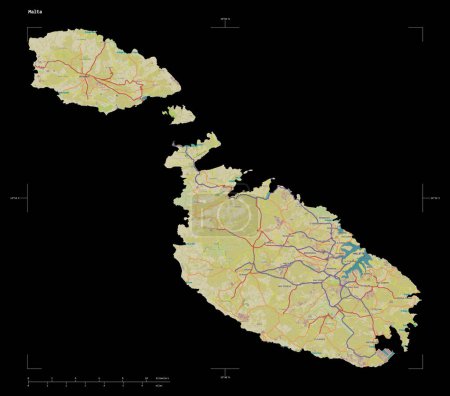 Photo for Shape of a topographic, OSM Humanitarian style map of the Malta, with distance scale and map border coordinates, isolated on black - Royalty Free Image