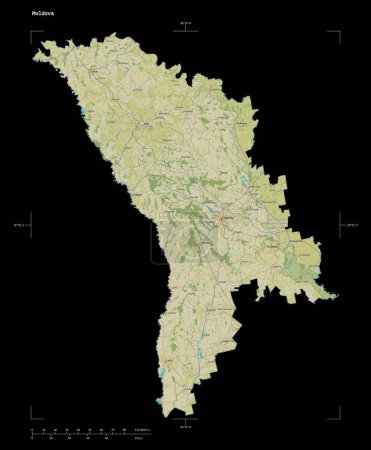 Photo for Shape of a topographic, OSM Humanitarian style map of the Moldova, with distance scale and map border coordinates, isolated on black - Royalty Free Image