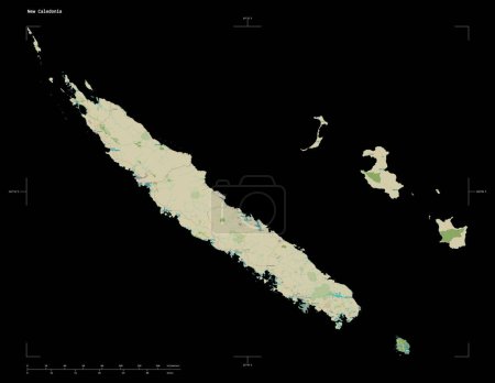 Photo for Shape of a topographic, OSM Humanitarian style map of the New Caledonia, with distance scale and map border coordinates, isolated on black - Royalty Free Image