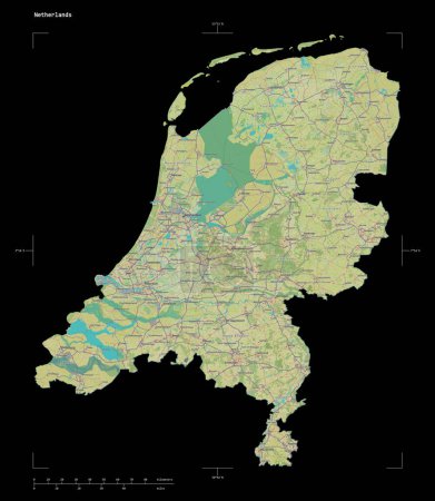 Photo for Shape of a topographic, OSM Humanitarian style map of the Netherlands, with distance scale and map border coordinates, isolated on black - Royalty Free Image