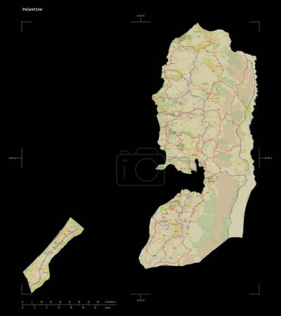 Téléchargez les photos : Forme d'une carte topographique de style humanitaire OSM de la Palestine, avec échelle de distance et coordonnées de frontière de carte, isolée sur noir - en image libre de droit