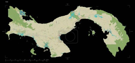 Photo for Shape of a topographic, OSM Humanitarian style map of the Panama, with distance scale and map border coordinates, isolated on black - Royalty Free Image