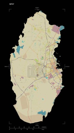 Photo for Shape of a topographic, OSM Humanitarian style map of the Qatar, with distance scale and map border coordinates, isolated on black - Royalty Free Image