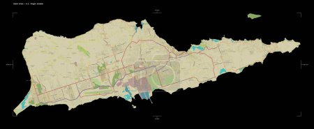 Téléchargez les photos : Forme d'une carte topographique de style humanitaire OSM de Sainte Croix - Îles Vierges américaines, avec échelle de distance et coordonnées de la frontière de la carte, isolée sur noir - en image libre de droit