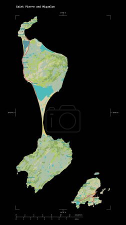 Photo for Shape of a topographic, OSM Humanitarian style map of the Saint Pierre and Miquelon, with distance scale and map border coordinates, isolated on black - Royalty Free Image