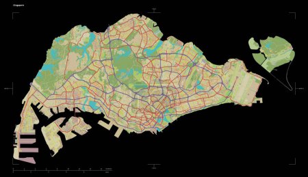Foto de Forma de un mapa topográfico de estilo humanitario OSM de Singapur, con coordenadas de frontera de escala y mapa de distancia, aislado en negro - Imagen libre de derechos