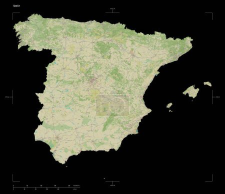 Photo for Shape of a topographic, OSM Humanitarian style map of the Spain, with distance scale and map border coordinates, isolated on black - Royalty Free Image