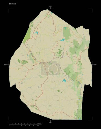 Photo for Shape of a topographic, OSM Humanitarian style map of the Eswatini, with distance scale and map border coordinates, isolated on black - Royalty Free Image