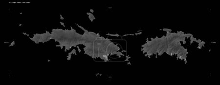Foto de Forma de un mapa de elevación a escala de grises con lagos y ríos de las Islas Vírgenes de los Estados Unidos - Santo Tomás, con coordenadas fronterizas a escala de distancia y mapa, aislado en negro - Imagen libre de derechos