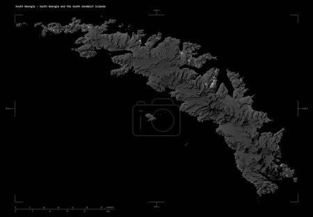 Foto de Forma de un mapa de elevación a escala de grises con lagos y ríos de Georgia del Sur - Georgia del Sur y las Islas Sandwich del Sur, con coordenadas fronterizas a escala de distancia y mapa, aisladas en negro - Imagen libre de derechos