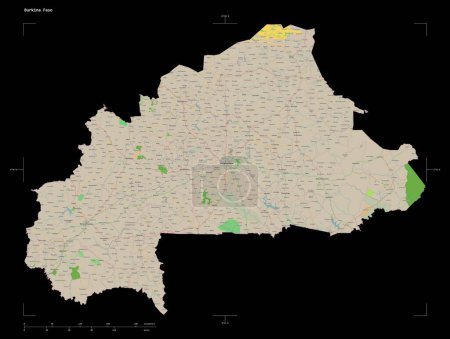 Photo for Shape of a topographic, OSM France style map of the Burkina Faso, with distance scale and map border coordinates, isolated on black - Royalty Free Image
