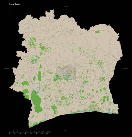 Photo for Shape of a topographic, OSM France style map of the Ivory Coast, with distance scale and map border coordinates, isolated on black - Royalty Free Image