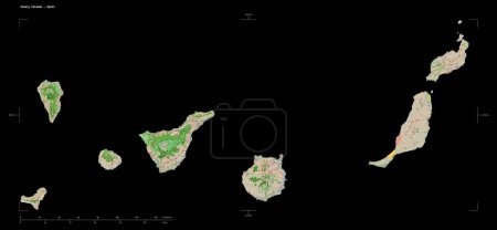 Shape of a topographic, OSM France style map of the Canary Islands - Spain, with distance scale and map border coordinates, isolated on black