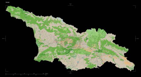 Photo for Shape of a topographic, OSM France style map of the Georgia, with distance scale and map border coordinates, isolated on black - Royalty Free Image