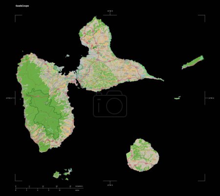 Téléchargez les photos : Forme d'une carte topographique de style OSM France de la Guadeloupe, avec échelle de distance et coordonnées de frontière de carte, isolée sur noir - en image libre de droit