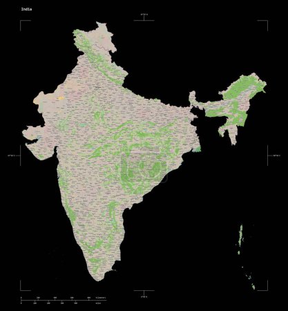 Photo for Shape of a topographic, OSM France style map of the India, with distance scale and map border coordinates, isolated on black - Royalty Free Image