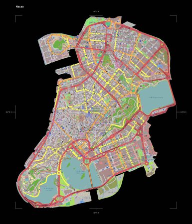 Photo for Shape of a topographic, OSM France style map of the Macao, with distance scale and map border coordinates, isolated on black - Royalty Free Image