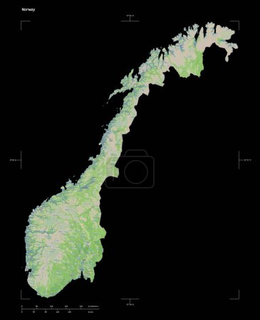 Photo for Shape of a topographic, OSM France style map of the Norway, with distance scale and map border coordinates, isolated on black - Royalty Free Image