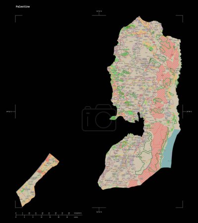 Téléchargez les photos : Forme d'une carte topographique de style OSM France de la Palestine, avec échelle de distance et coordonnées de frontière de carte, isolée sur noir - en image libre de droit