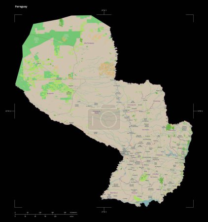 Photo for Shape of a topographic, OSM France style map of the Paraguay, with distance scale and map border coordinates, isolated on black - Royalty Free Image