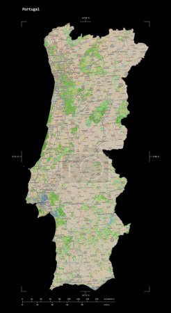 Photo for Shape of a topographic, OSM France style map of the Portugal, with distance scale and map border coordinates, isolated on black - Royalty Free Image