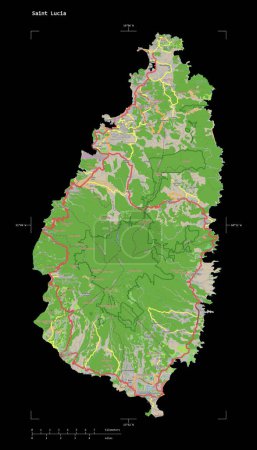 Photo for Shape of a topographic, OSM France style map of the Saint Lucia, with distance scale and map border coordinates, isolated on black - Royalty Free Image