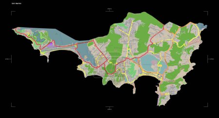 Téléchargez les photos : Forme d'une carte topographique de style OSM France de la Sint Maarten, avec échelle de distance et coordonnées de frontière de carte, isolée sur noir - en image libre de droit