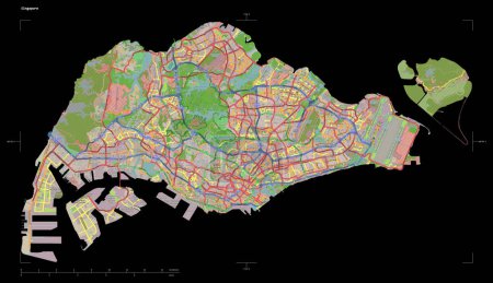 Foto de Forma de un mapa topográfico, estilo OSM Francia del Singapur, con escala de distancia y coordenadas del borde del mapa, aislado en negro - Imagen libre de derechos