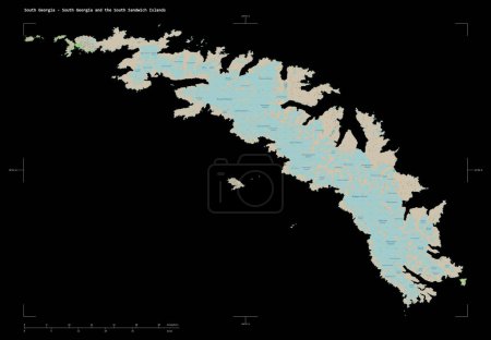 Photo for Shape of a topographic, OSM France style map of the South Georgia - South Georgia and the South Sandwich Islands, with distance scale and map border coordinates, isolated on black - Royalty Free Image